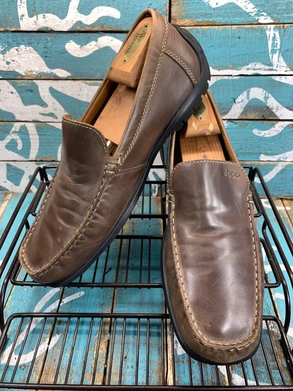 ECCO Driving Loafers Moc Toe Brown Leather Black Slip-On Mens 44/10-10.5 EUC